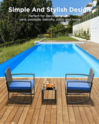 3 Piece Patio Bistro Set Patio Furniture Set Outdoor Wicker Rocking Furniture Conversation Set with Tempered Glass Coffee Table for for Front Porch Balcony and Deck (Blue Cushion) - Image 8