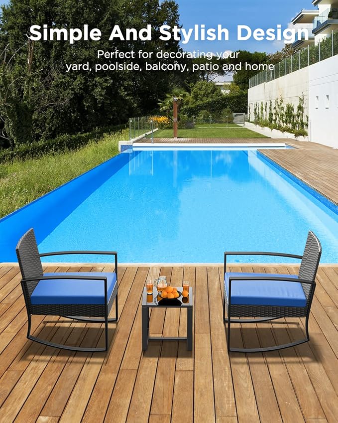 3 Piece Patio Bistro Set Patio Furniture Set Outdoor Wicker Rocking Furniture Conversation Set with Tempered Glass Coffee Table for for Front Porch Balcony and Deck (Blue Cushion) - Image 8
