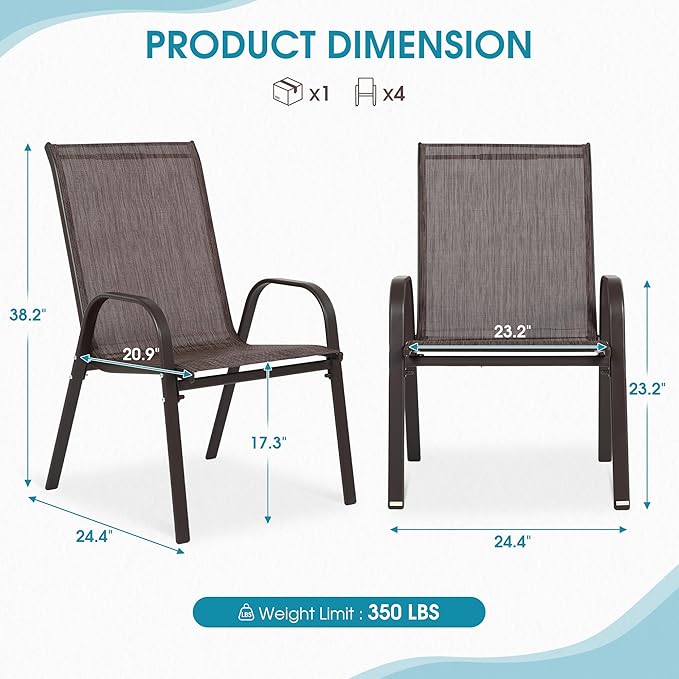 Outdoor Stackable Chairs Set of 4, Stacking Patio Chairs with Textilene Fabric, Outside Furniture for Garden Backyard Balconie Poolside Deck, Brown - Image 3