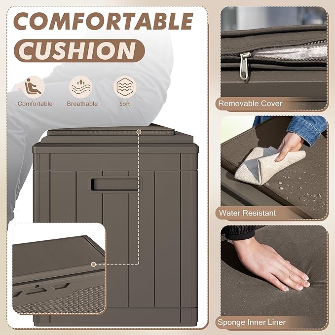 Devoko 100 Gallon Deck Box, Waterproof Resin Outdoor Storage Box with Cushion for Outside, Large Outdoor Storage Bench Cabinet Lockable for Patio Furniture and Garden Tools (Brown) - Image 3