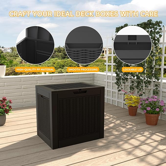 DRATO 31 Gallon Deck Box, Outdoor Storage Box for Patio Cushion, Garden Tools, Waterproof Resin Storage Box (Black，31 Gallon) - Image 6