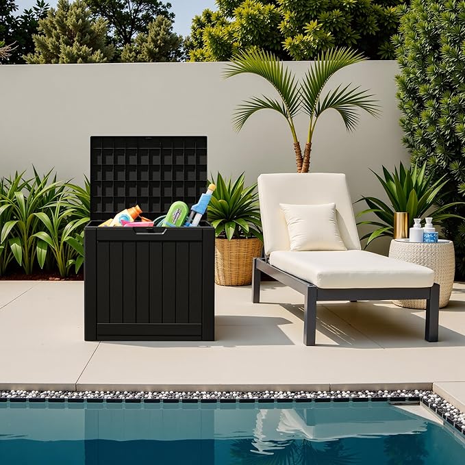 Flamaker Resin Deck Box 40 Gallon Waterproof Outdoor Indoor Storage Box Imitation Wood Resin for Patio Furniture Garden Tools and Pool (Black) - Image 2