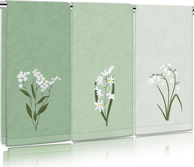 3Pcs Sage Green Hand Towels 29.5 x 13.7 Inch Gradient Green Floral Embroidered by FYSUIMU