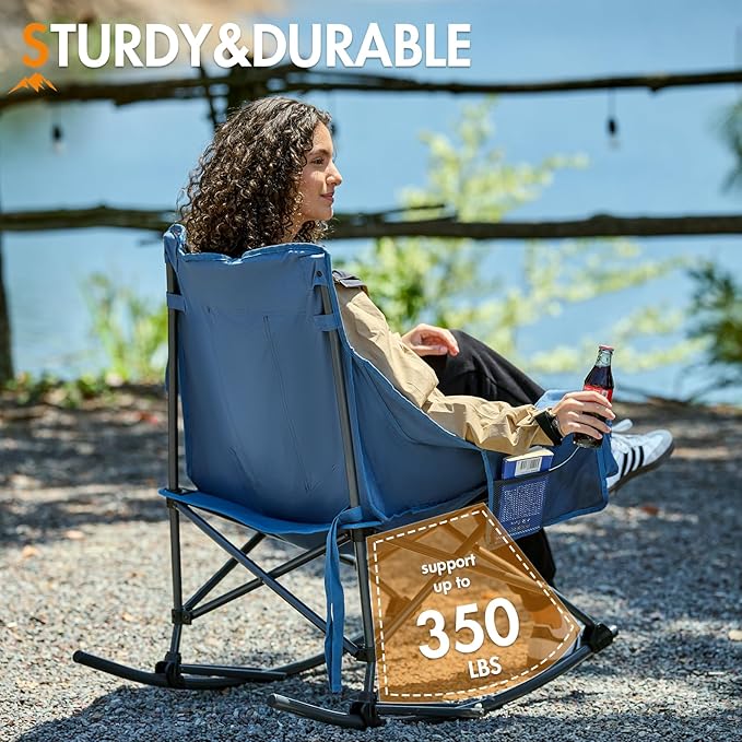 Portal Outdoor Rocking Chair Camping Folding Portable Rocker with Cup Holder Side Pocket Carry Bag, Support 350LBS, Blue - Image 5