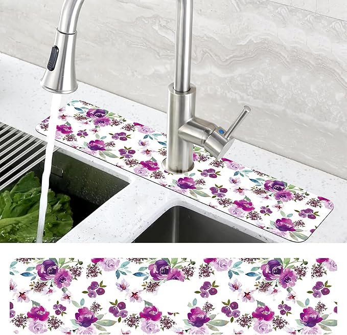 Watercolor Purple Flowers Faucet Absorbing Mat Splash Guard Draining Mat Fast - Image 4