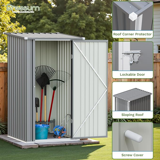 Greesum 3x3FT Outdoor Storage Shed, Small Metal Storaged Sheds with Lockable Doors, Sheds & Outdoor Storage for Backyard, Pool and Garden, Gray - Image 6