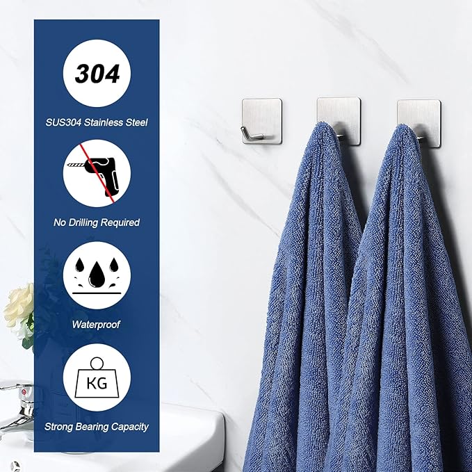 NearMoon Adhesive Hooks- Heavy Duty Bath Wall Hooks Waterproof Stainless Steel - Image 3
