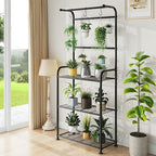 Plant Stands Outdoor with Hooks, Metal Tall Plant Shelves Indoor for Hanging Planter, Black - Image 3
