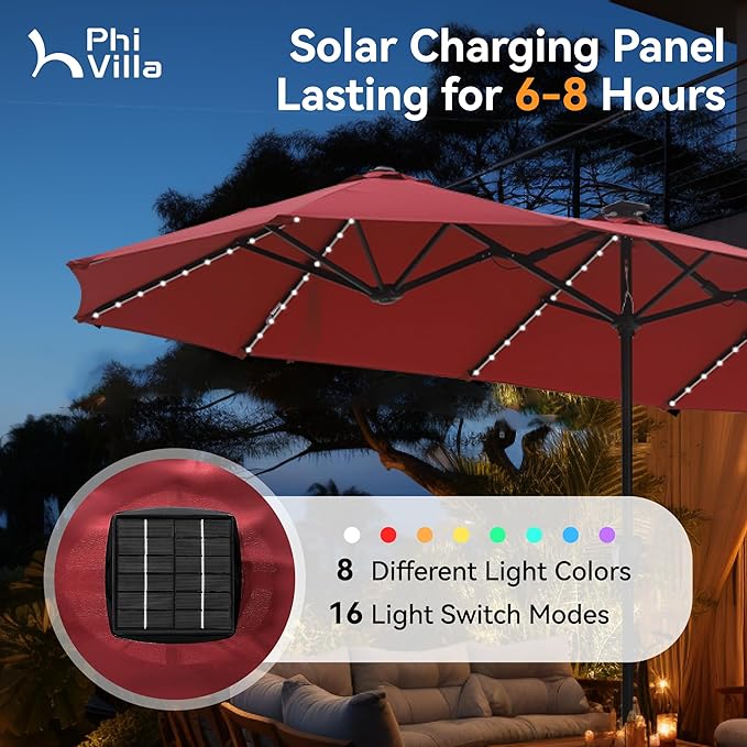 PHI VILLA 13ft Patio Umbrella with Solar-Powered 120 PCS LED Color-Changing Lights, Triple-Head Large Rectangle Umbrella Outdoor Patio for Table with Crank Lift,Dark Red(No Base) - Image 2