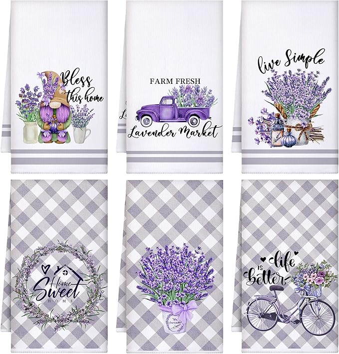 Set of 6 Lavender Kitchen Towels Purple Floral Dishtowels Rustic Absorbent by Boyiee