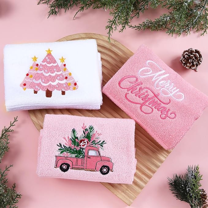 3 Pcs Pink Christmas Hand Towels - Image 2