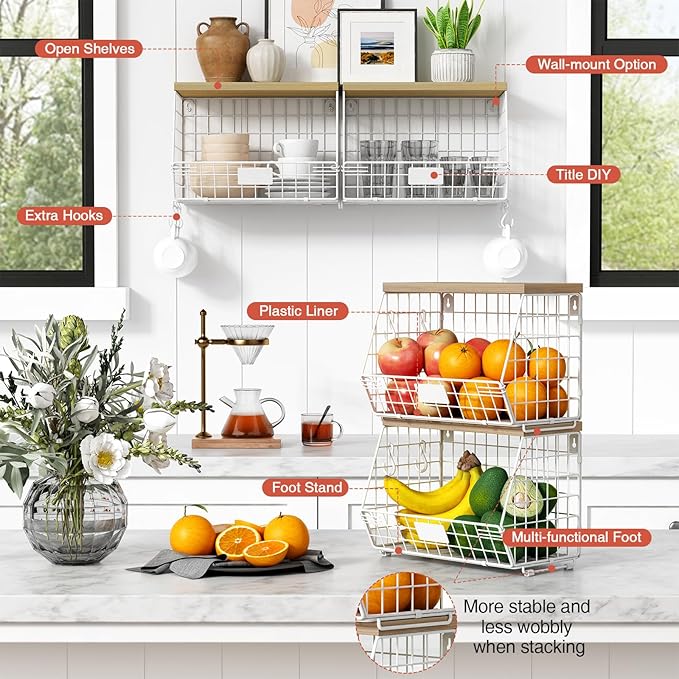 White Fruit Storage Basket for Kitchen Counter Set of 2, Wall Mount Wire Fruit - Image 6