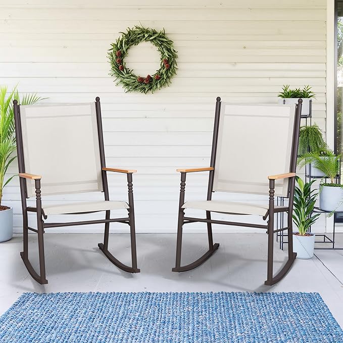 Shintenchi 2 Pcs Outdoor Rocking Chairs Set,Upgraded High Back Patio Rocking Chairs Set,Breathable Textilene Fabric Rocking Chair for Porch,Patio,Garden,Balcony,Creamy White - Image 7