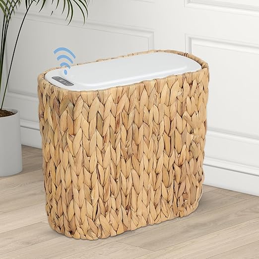 Boho Kitchen Trash Can with Lid, 3.5 Gallon Automatic Small Rattan Trash Can by Trongee