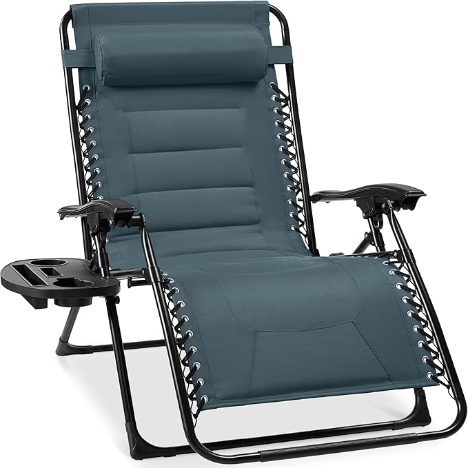 Best Choice Products Oversized Padded Zero Gravity Chair, Folding Outdoor Patio Recliner, XL Anti Gravity Lounger for Backyard w/Headrest, Cup Holder, Side Tray, Polyester Mesh - Slate Blue by BestChoiceProducts