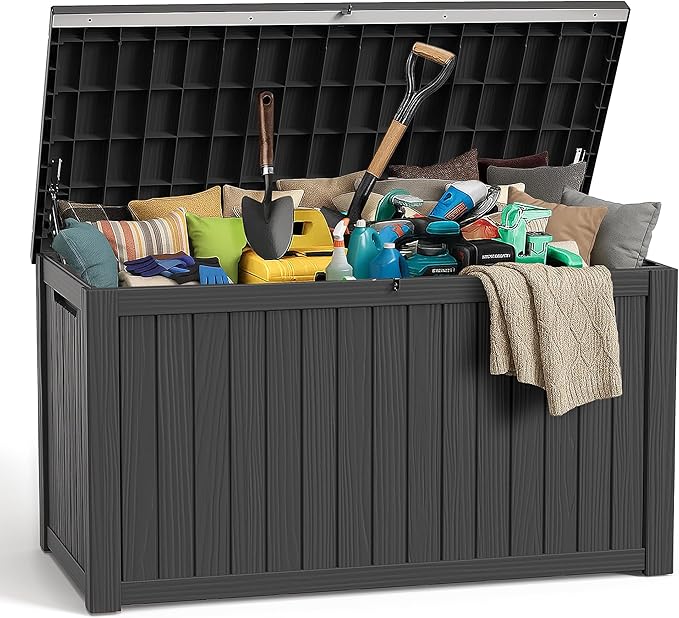 ROJIK Outdoor Storage Housing Deck Box,Waterproof Patio Furniture, Garden Tools,Cushions,Pool Accessories Storage Bench with Lockable Lid and Side Handles (Black,280 Gal) by ROJIK