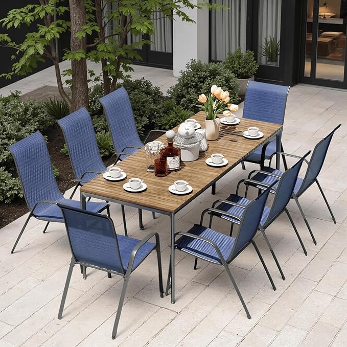 MAMIZO Patio Dining Chairs, Stackable All Weather Teslin Chair, Heavy Duty Outdoor Breathable Chairs Set, w/Armrests, Upgraded Chair FeetW/Strenthened Iron Spacers, 330 LBS (8, Navy Blue) - Image 9
