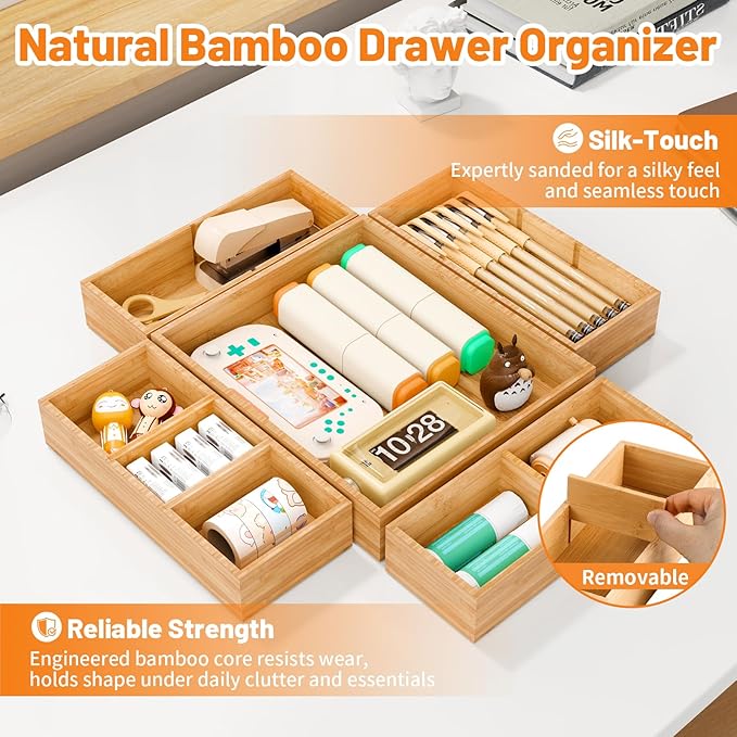 SpaceWhisper Bamboo Drawer Organizer, 5-Piece Drawer Divider - Image 3