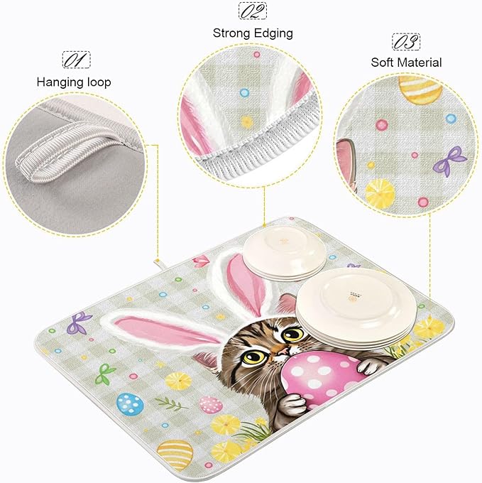 Happy Easter Day Pink Dish Drying Mat Quick Absorbent 16x18 Easter Bunny Rabbit - Image 4