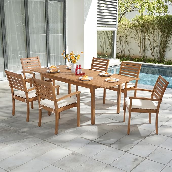 OC Orange-Casual Stackable Patio Dining Chairs Set of 6, Outdoor Acacia Wooden Chairs w/Armrest & Removeable Fabric Cushion, for Porch, Backyard, Garden, Indoor, Beige - Image 6