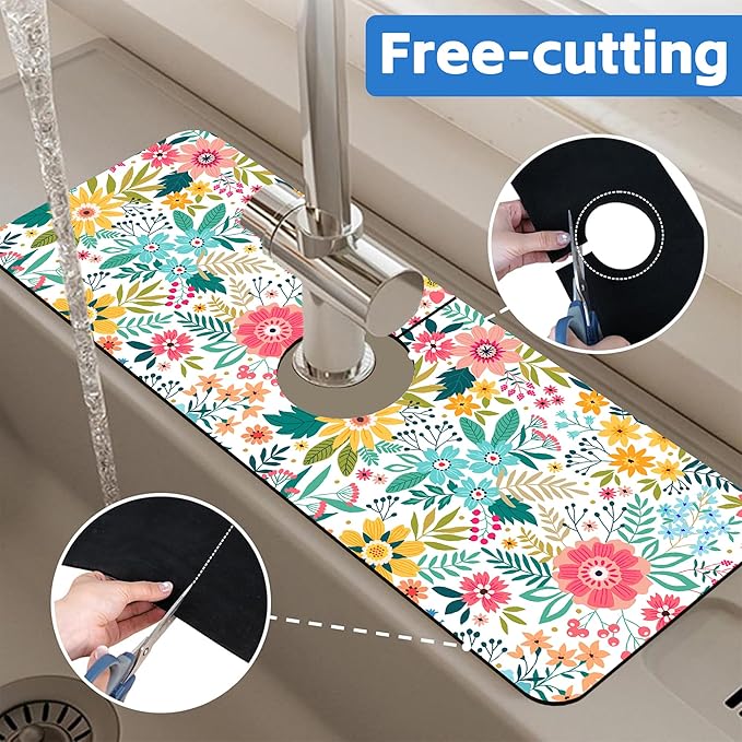 Colorful Floral Leaves Berries Kitchen Sink Splash Guard Mat Absorbent Fast - Image 7