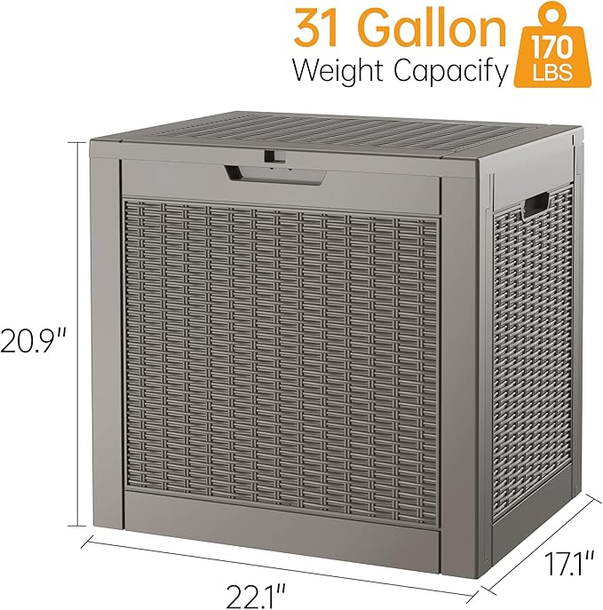 Outdoor Storage Box, Resin Deck Boxes Indoor and outdoor, Waterproof Storage Box Lockable Lid (Grey,31 Gallon) - Image 2