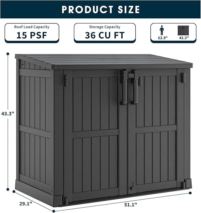 LHBcraft Outdoor Storage Cabinet 36 Cu Ft with Lockable Doors, Portable Horizontal Resin Storage Shed -Easy to Assemble, Waterproof Outdoor Storage Box for Backyards,Patios Black - Image 6