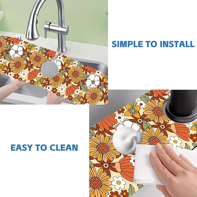 70s Retro Orange Floral Kitchen Sink Splash Guard Mat Absorbent Fast Drying Mat - Image 5