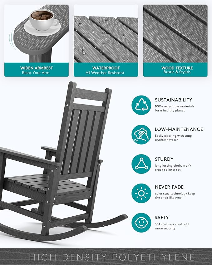 SERWALL Outdoor Rocking Chair Set of 2, HDPE Rocking Chairs for Adult, All Weather Porch Rockers for Lawn Garden, Grey - Image 4