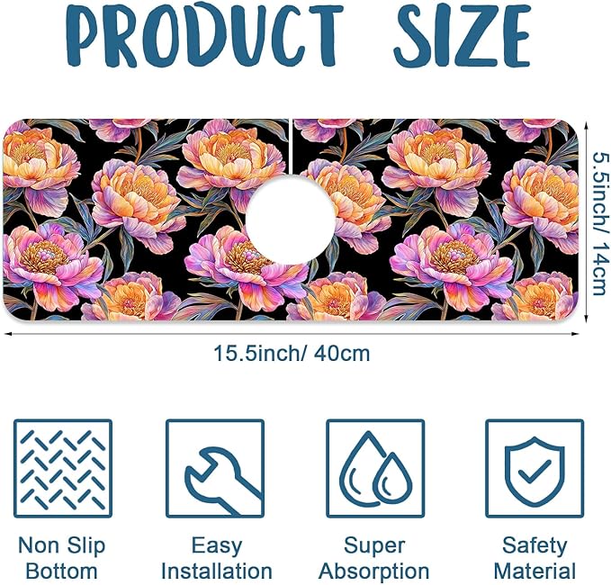 Colorful Peonies Sink Splash Guard Blooming Peonies Faucet Absorbing Mat Fast - Image 2