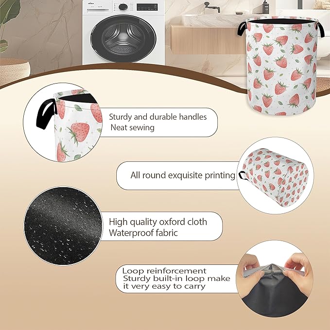 Watercolor Pink Strawberry Laundry Hamper, Waterproof Oxford Cloth Laundry Room - Image 5