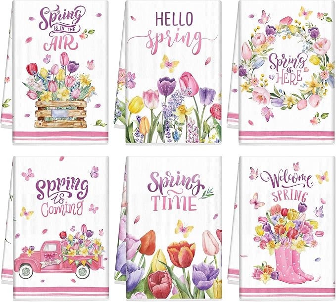 Breling Set of 6 Spring Kitchen Towels Tulip Dish Towel Flower Bathroom by Breling