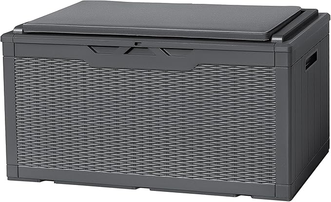 Flamaker Deck Box with Cushion 100 Gallon Waterproof Resin Storage Box with Air Rod Indoor Outdoor Lockable Storage Bench for Patio Furniture, Tools, Pool Accessories (Gray) by Flamaker