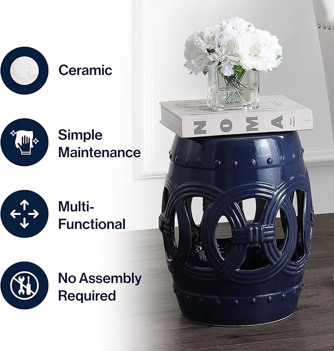 JONATHAN Y TBL1022B Lucky Coins 16" Chinese Ceramic Drum Indoor/Outdoor Garden Stool Bohemian, Coastal, Classic, Cottage, French Country, Traditional, Side Table, Plant Stand, Spill-Proof, Navy - Image 6