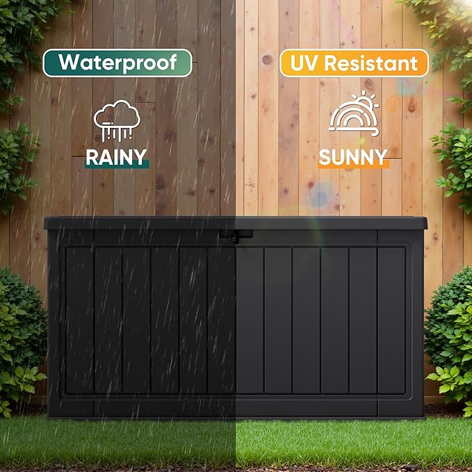 JUMMICO 160 Gallon Resin Outdoor Storage Deck Box with Divider, Waterproof Storage Box&Bench with Lockable Lid for Garden Tools, Pools Supplies (Black) - Image 3