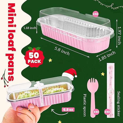 50 PACK Mini Cake Pans with Lids and Spoons, Rectangular Aluminum Foil Bread Pan - Image 3