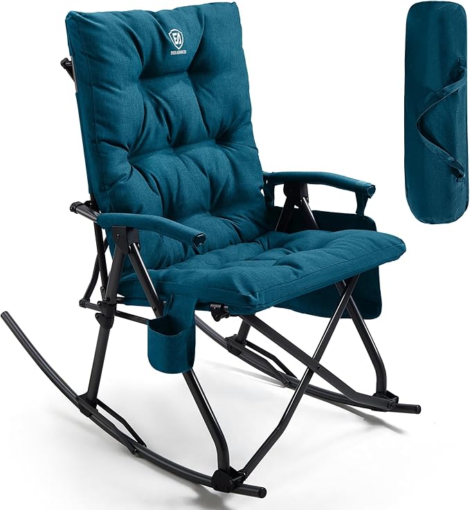 EVER ADVANCED Oversized Folding Rocking Camping Chair, Padded Portable Rocker Chair for Patio, Lawn and Outdoors, Heavy Duty Hard Armchair for Adults Supports 400lbs, Green by EVERADVANCED