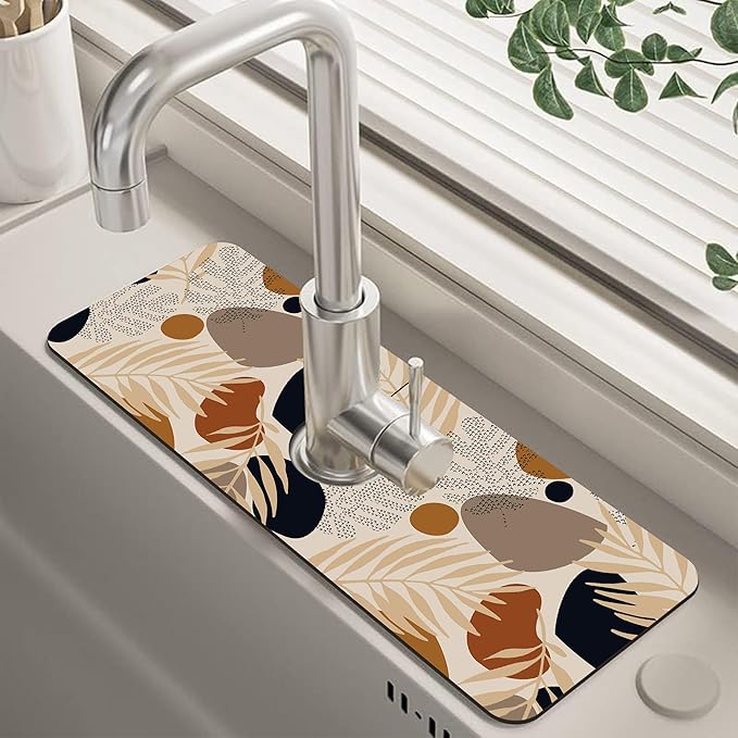 Boho Tropical Leaves Kitchen Sink Splash Guard Mat Absorbent Fast Drying Mat by Unknown