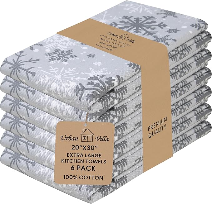 Urban Villa Christmas Kitchen Towels Grey Snowflake Print Premium Quality 100% by CottonTrends