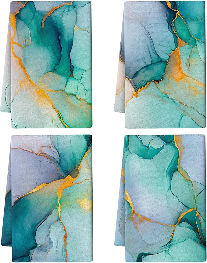 Teal Gold Kitchen Towel Set of 4 Soft Absorbent Marble Texture Turquoise by Unknown