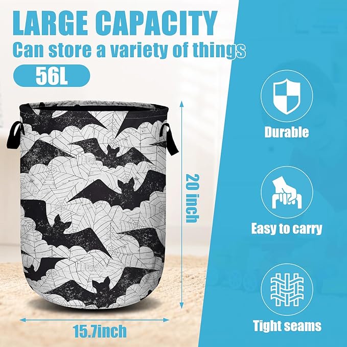 Retro Black White Bat Laundry Basket, Halloween Laundry Hamper Collapsible - Image 2