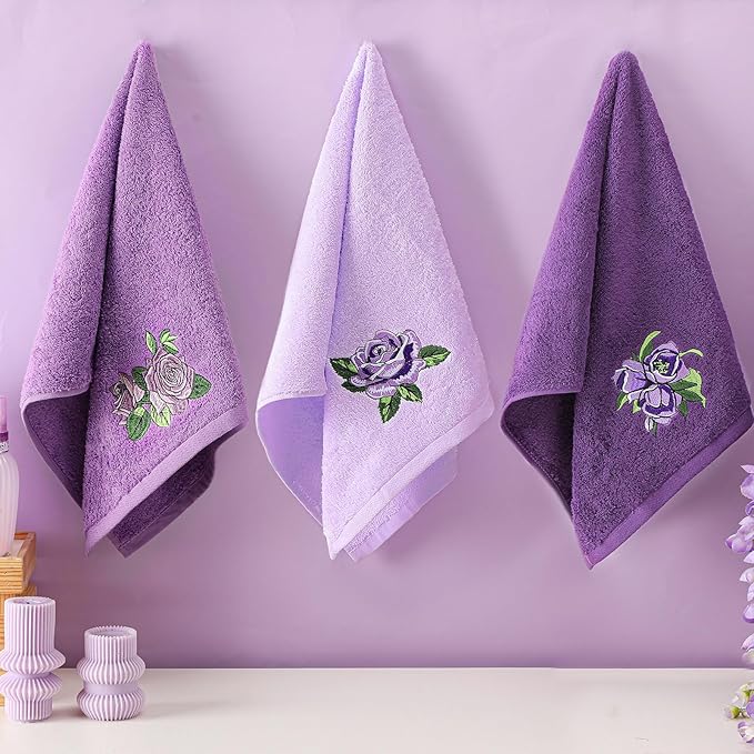 3 Pcs Purple Rose Hand Towels Lavender Purple Bathroom Decor Embroidered Floral - Image 6