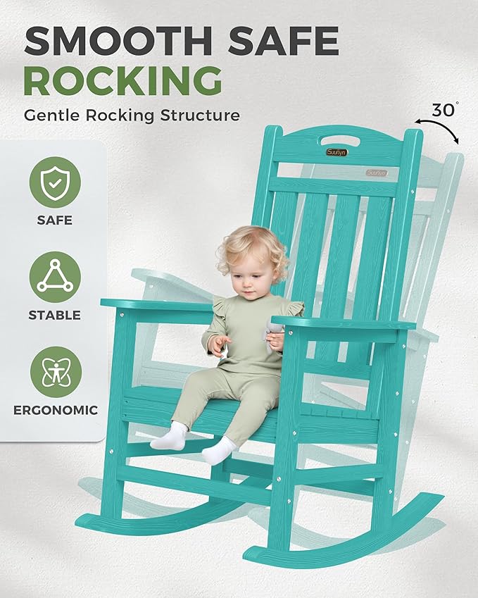 Oversized Rocking Chairs Outdoor Set of 4, High Back Porch Rocking Chair, HDPE All Weather Resistant Patio Chairs, 380lbs Weight Capacity, Lake Blue - Image 4