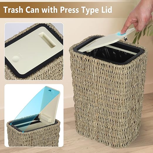 Boho Trash Can with Lid, 3 Gallon Small Rattan Trash Can with Press Top Lid - Image 4