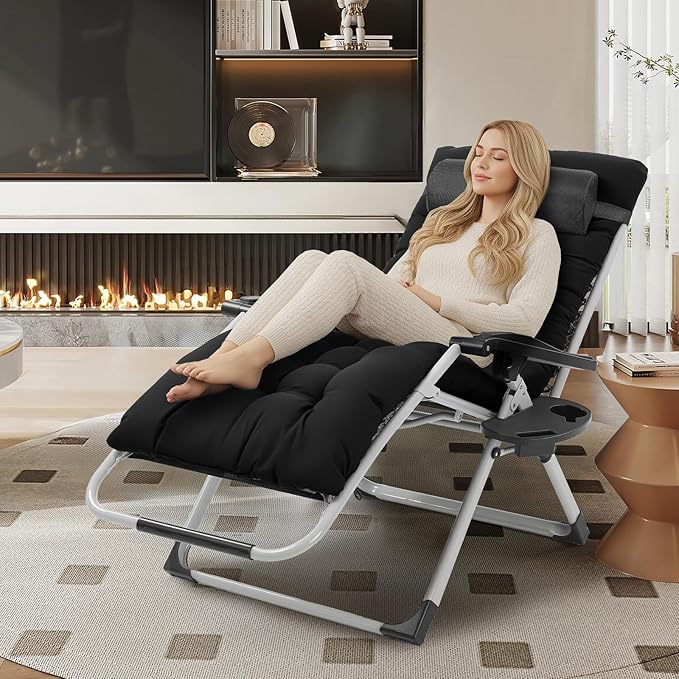 VINGLI 29" Padded Zero Gravity Chair, Lounge Chair with Removable Cushion & Tray， Folding Reclining Patio Chairs， Recliner Chair for Lawn，Indoor Outdoor-Black - Image 2