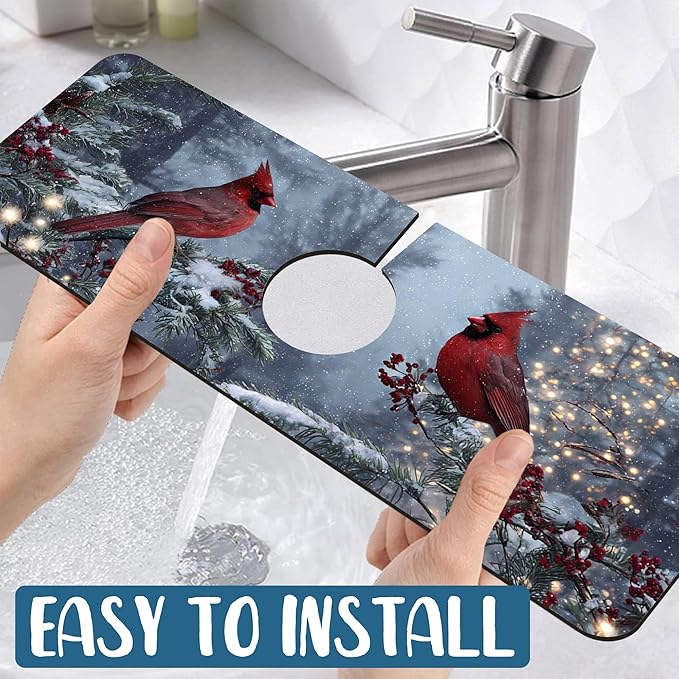 Winter Sink Splash Guard Faucet Mat Cardinal Christmas Super Absorbent Fast - Image 5