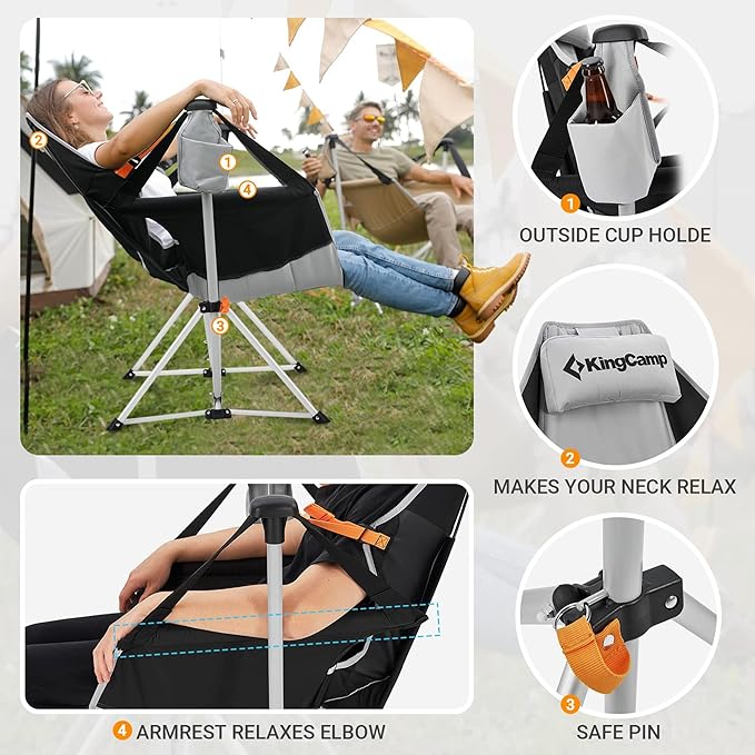 KingCamp Hammock Chair with Footrest – Heavy Duty Swinging Rocking Camping Chairs for Adults up to 400lbs, Folding Portable Oversized Rocker with Cup Holder & Pillow for Outdoor Beach Lawn RV Sports - Image 5