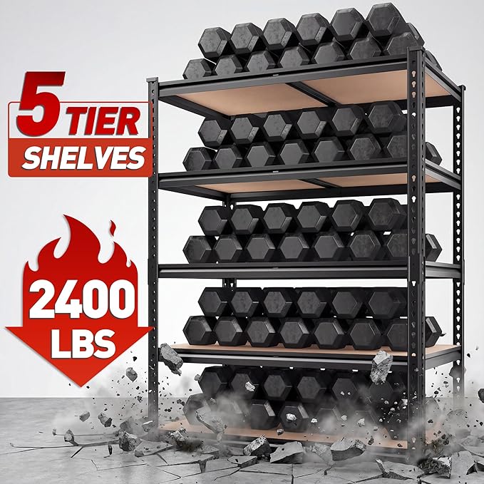 REIBII 2400LBS Storage Shelves 5 Tier Garage Shelving Heavy Duty, Adjustable Metal Shelving Unit, Garage Shelves for Basement, Warehouse, Pantry, Closet, Kitchen 72" H x 35.55" W x 16" D, 2 Pack | Heavy Duty, Adjustable, 2020LBS Capacity, Garage, Pantr... - Image 5