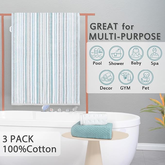 VOOVA & MOVAS 3PCS Bathroom Towels, 100% Cotton, Quick Dry, 1 Stripe Bath - Image 4