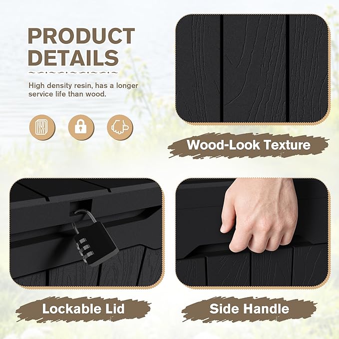 JUMMICO 31 Gallon Resin Deck Box Waterproof Indoor Outdoor Storage Boxes for Patio Furniture Cushions and Garden Tools (Black, 31gallon-2 Packs) - Image 2